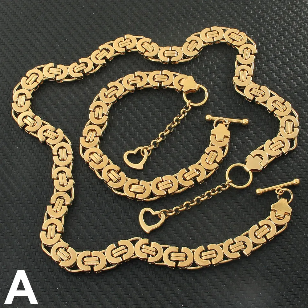 Classic Gold Jewelry Sets Necklace Bracelet Heart Earrings For Woman