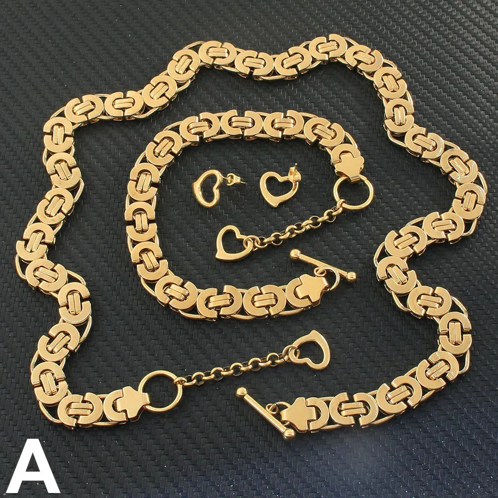 Classic Gold Jewelry Sets Necklace Bracelet Heart Earrings For Woman