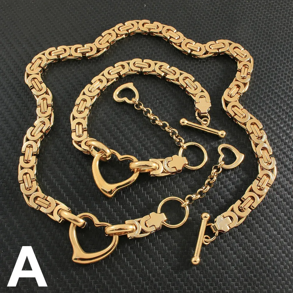 Classic Gold Jewelry Sets Necklace Bracelet Heart Earrings For Woman