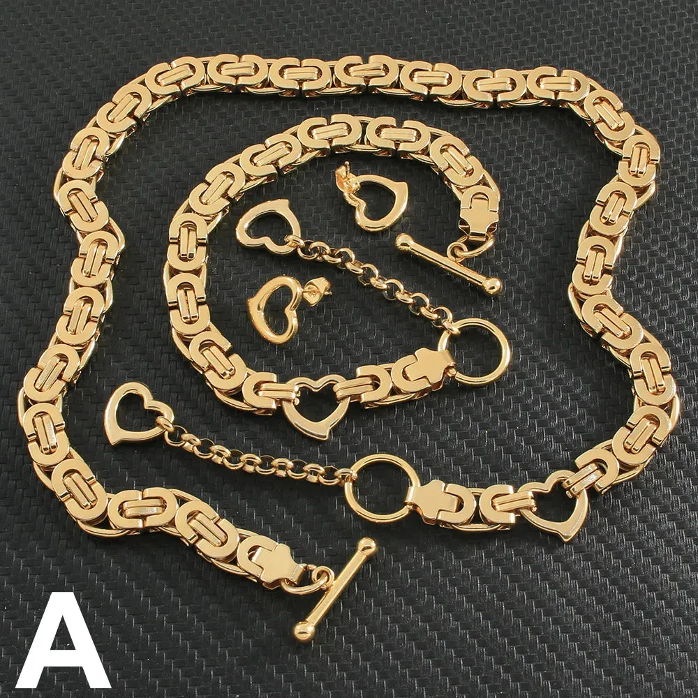 Classic Gold Jewelry Sets Necklace Bracelet Heart Earrings For Woman