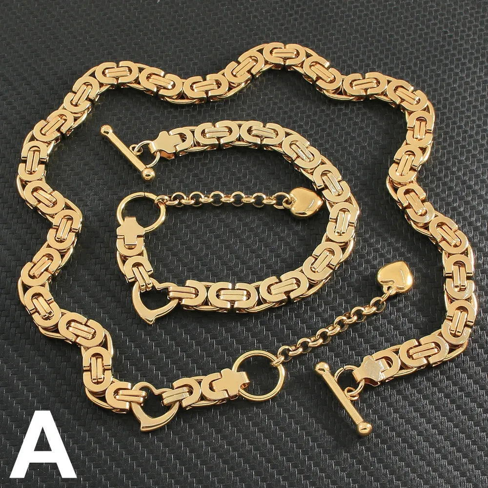 Classic Gold Jewelry Sets Necklace Bracelet Heart Earrings For Woman
