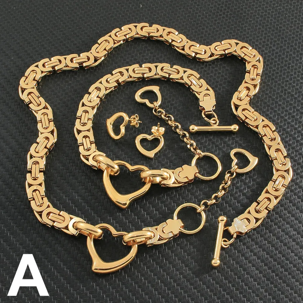 Classic Gold Jewelry Sets Necklace Bracelet Heart Earrings For Woman