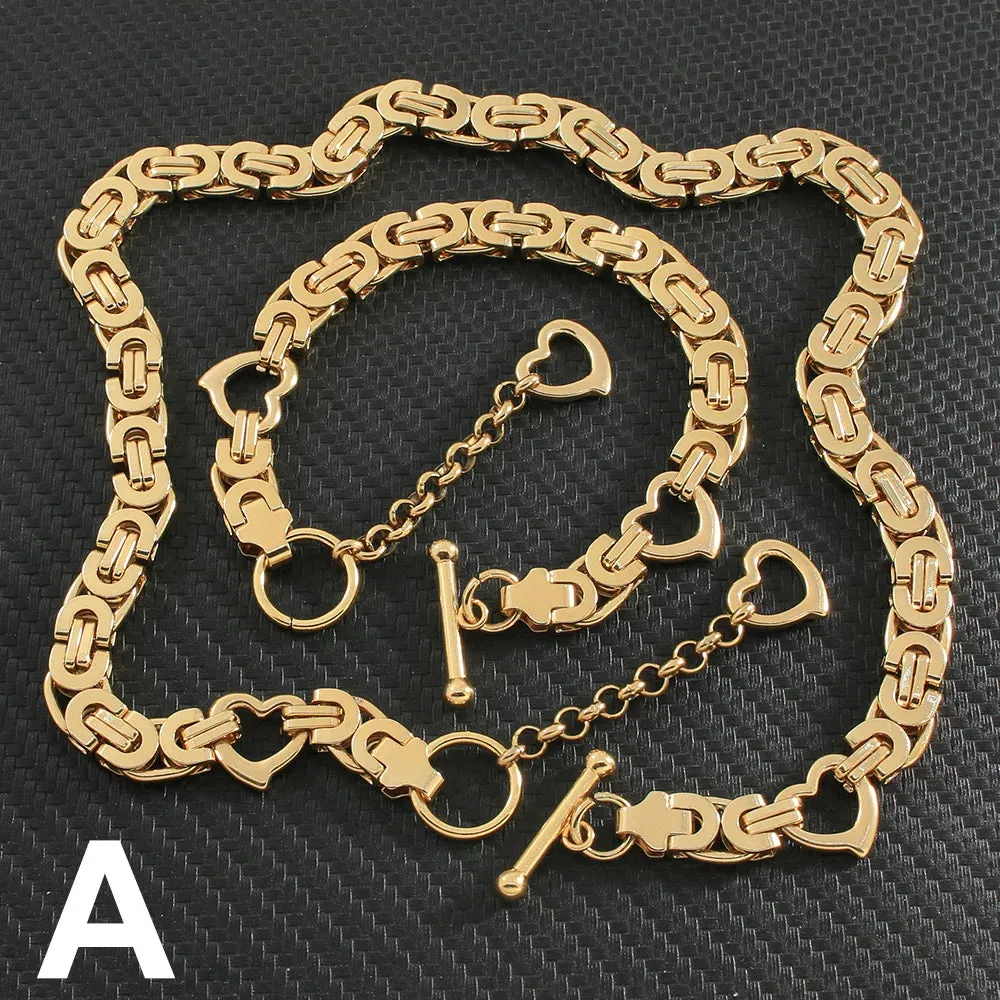 Classic Gold Jewelry Sets Necklace Bracelet Heart Earrings For Woman