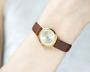 Classic women watch Dawn gold plated, shockproof lady watch vintage minimalist, watch for women delicate gift USSR, new genuine leather band