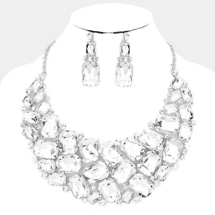 Clear Faceted Teardrop Crystal Statement Necklace Set