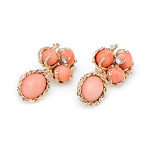 Coral Diamond Drop Earrings Vintage 60s 14k Yellow Gold Estate Fine Jewelry 1.5"