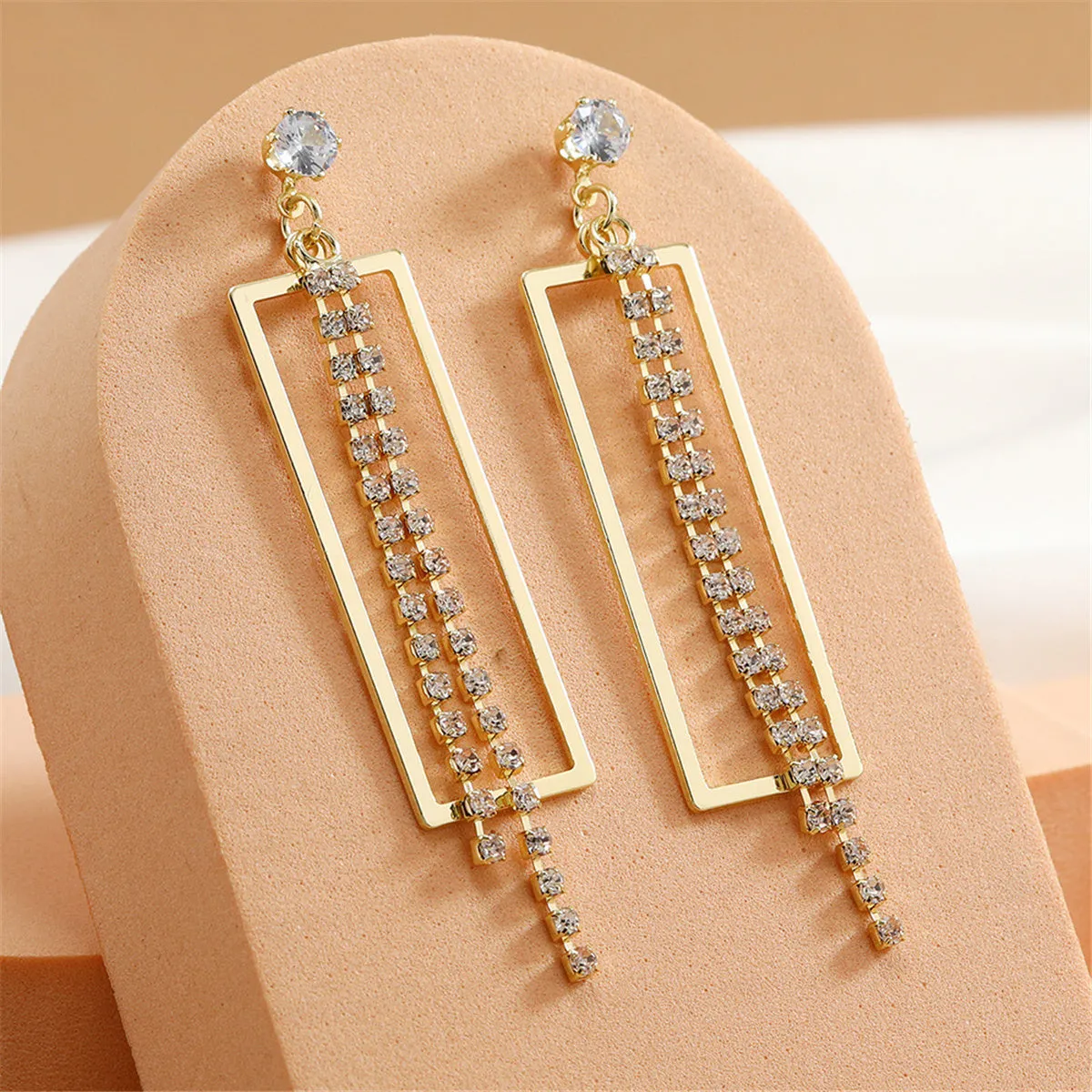 Cubic Zirconia & 18K Gold-Plated Open Rectangle Tassel Drop Earrings