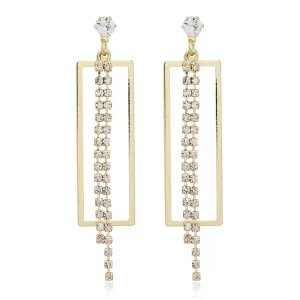 Cubic Zirconia & 18K Gold-Plated Open Rectangle Tassel Drop Earrings