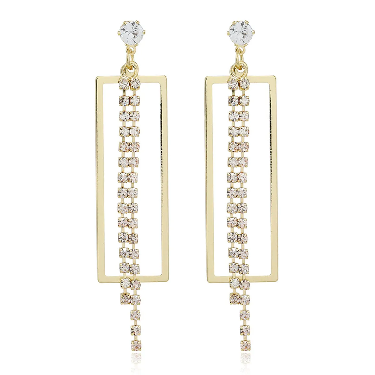 Cubic Zirconia & 18K Gold-Plated Open Rectangle Tassel Drop Earrings