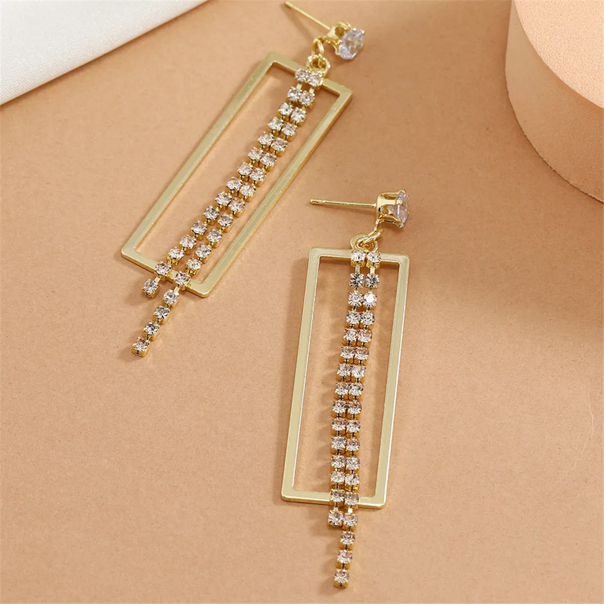 Cubic Zirconia & 18K Gold-Plated Open Rectangle Tassel Drop Earrings