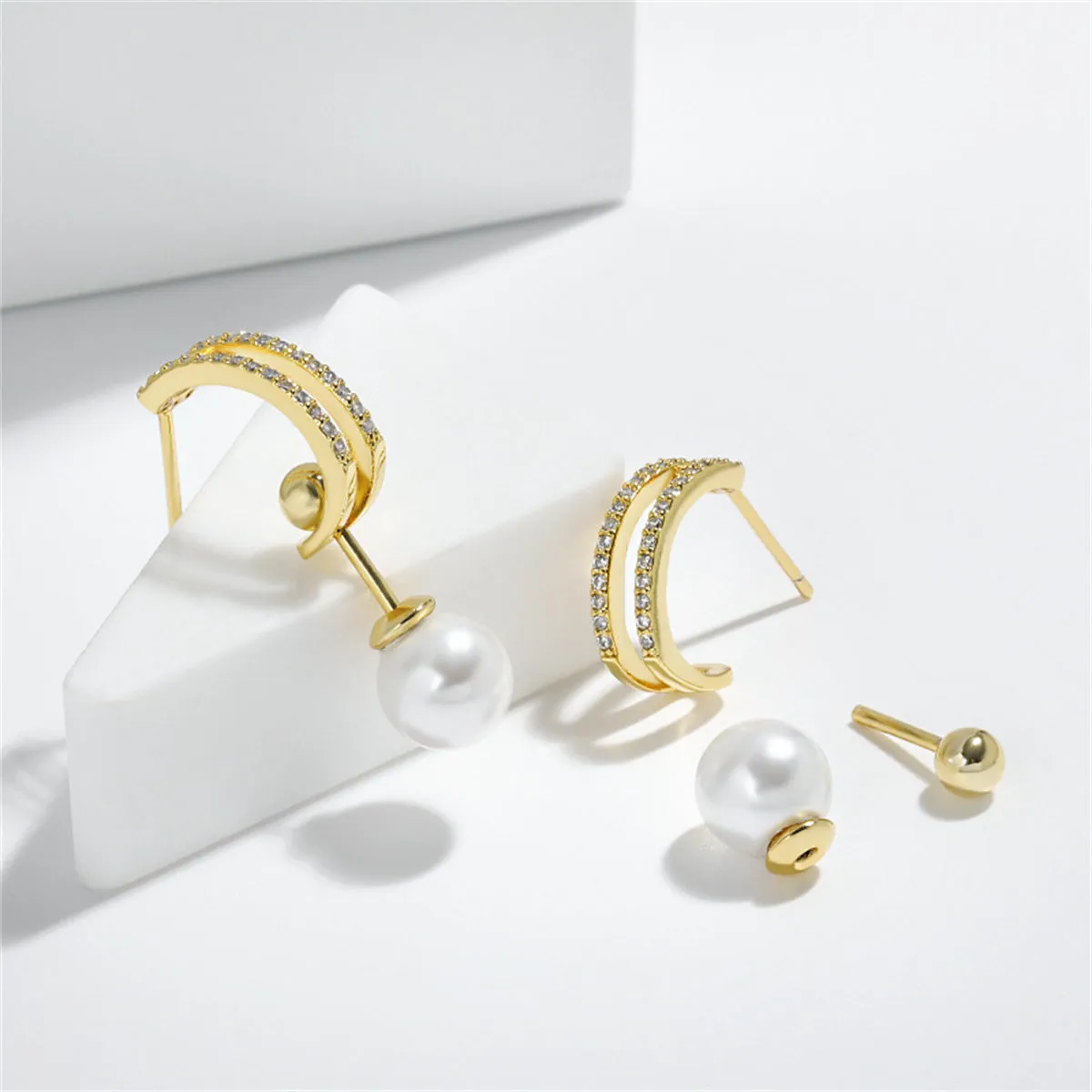 Cubic Zirconia & Pearl 18K Gold-Plated Curve Drop Earrings