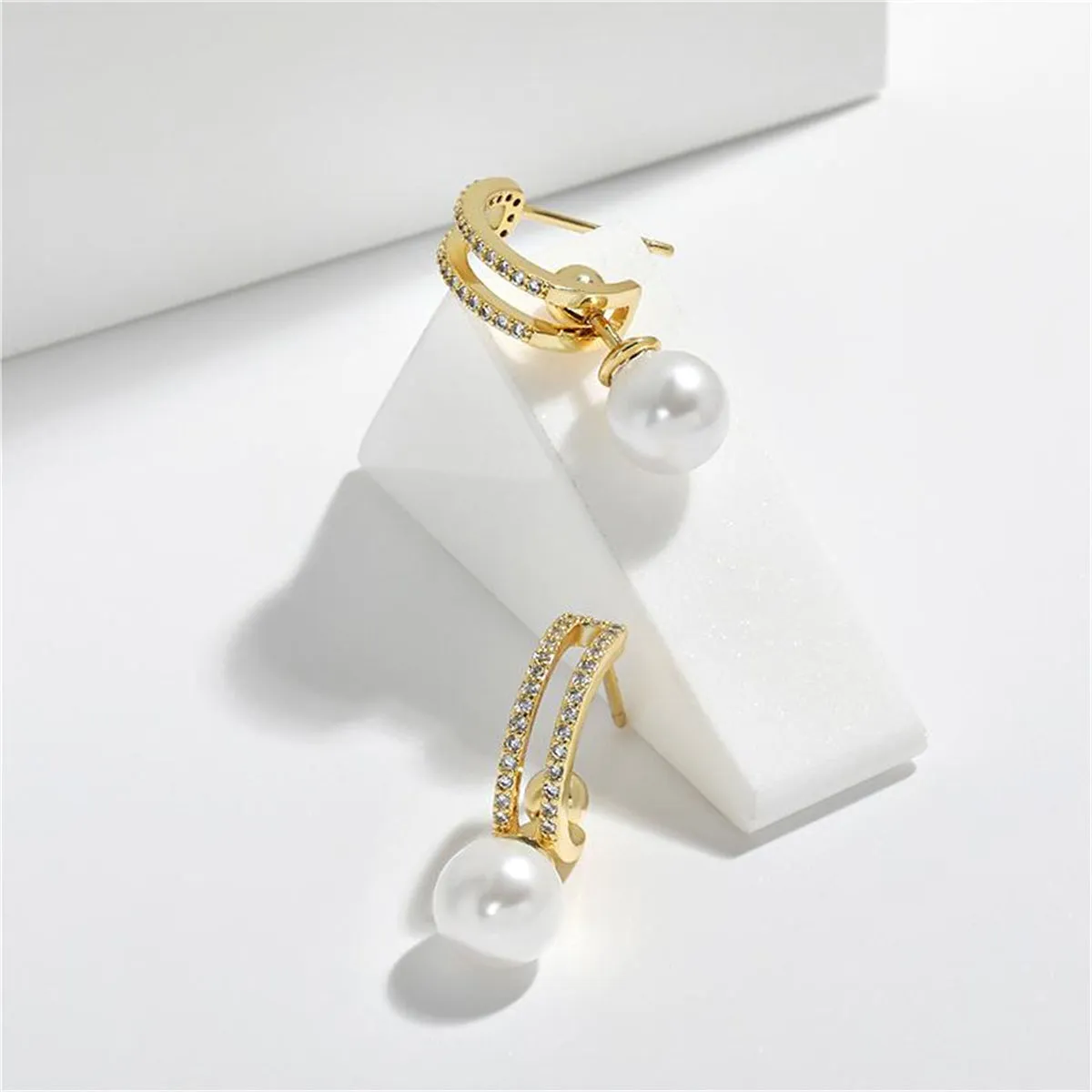 Cubic Zirconia & Pearl 18K Gold-Plated Curve Drop Earrings