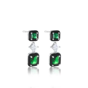 Cubic Zirconia Three Stone With Enamel Drop Earrings - Silver Green And White