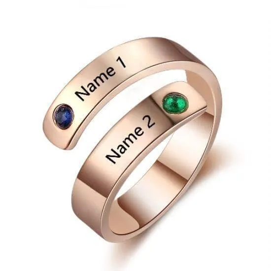 Custom Engraved Adjustable Name Ring with Birthstones