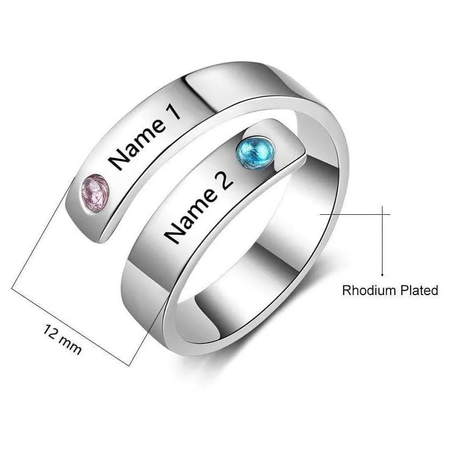 Custom Engraved Adjustable Name Ring with Birthstones