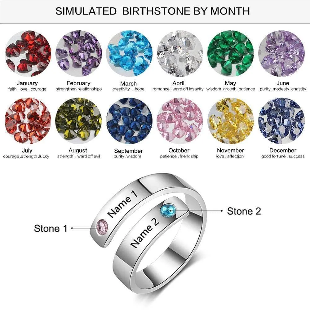 Custom Engraved Adjustable Name Ring with Birthstones