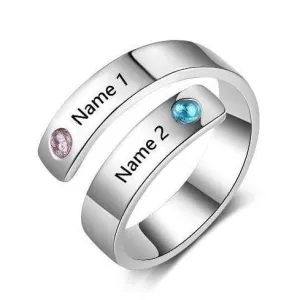 Custom Engraved Adjustable Name Ring with Birthstones