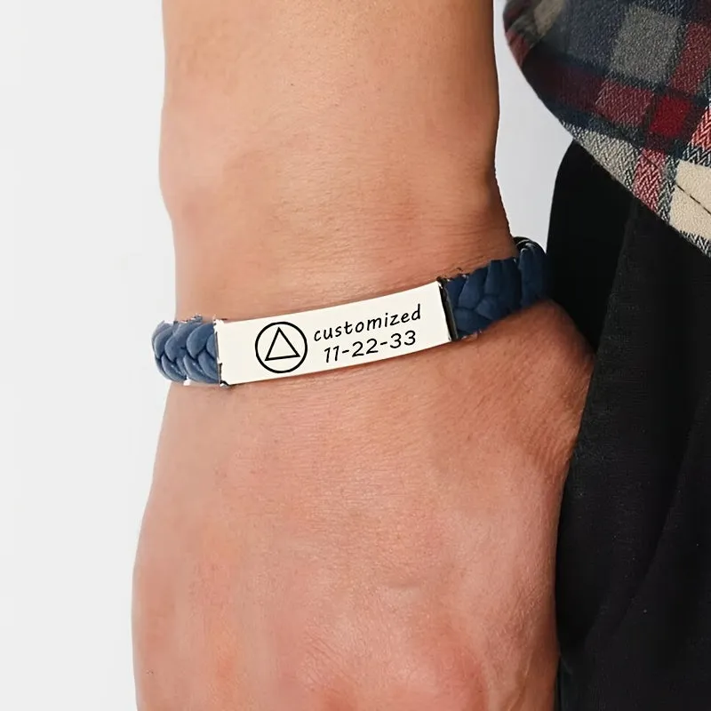 Customizable AA Pattern Woven Faux Leather Bracelet - Engraved Name Phone Date