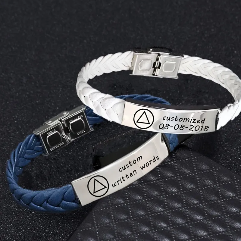 Customizable AA Pattern Woven Faux Leather Bracelet - Engraved Name Phone Date