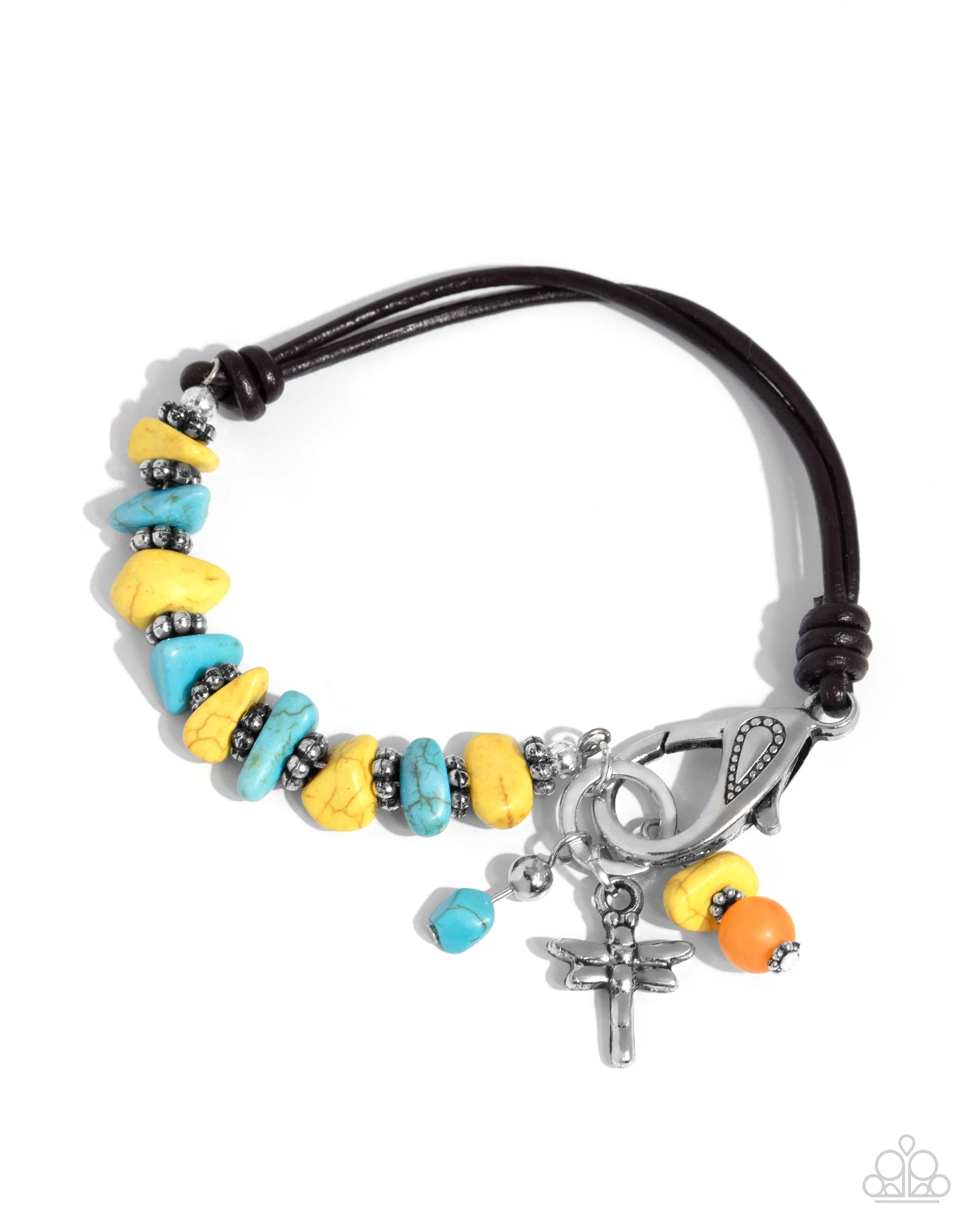 Daring Dragonfly - Yellow - and Turquoise Stone Black Cord Paparazzi Lobster Claw Bracelet