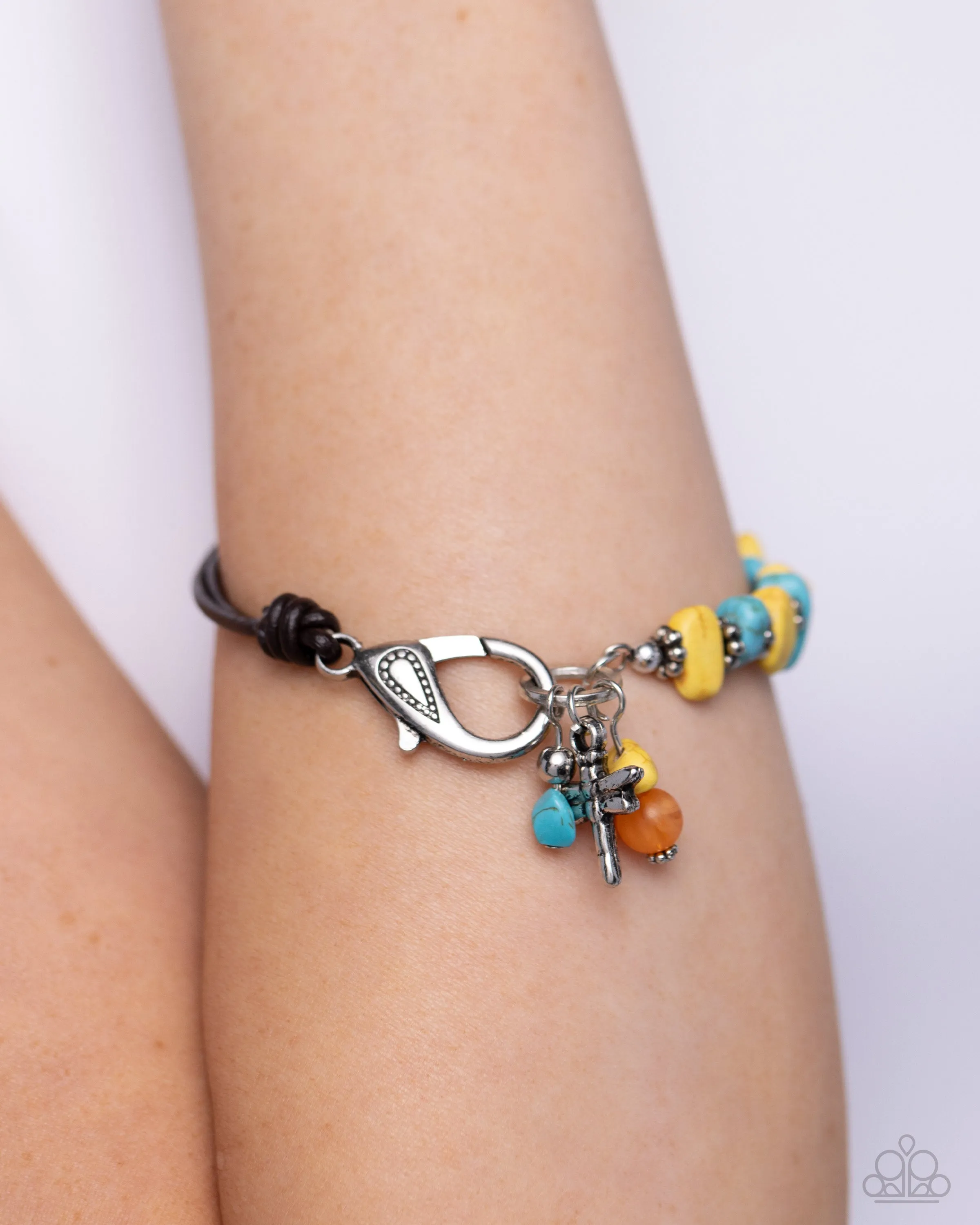 Daring Dragonfly - Yellow - and Turquoise Stone Black Cord Paparazzi Lobster Claw Bracelet