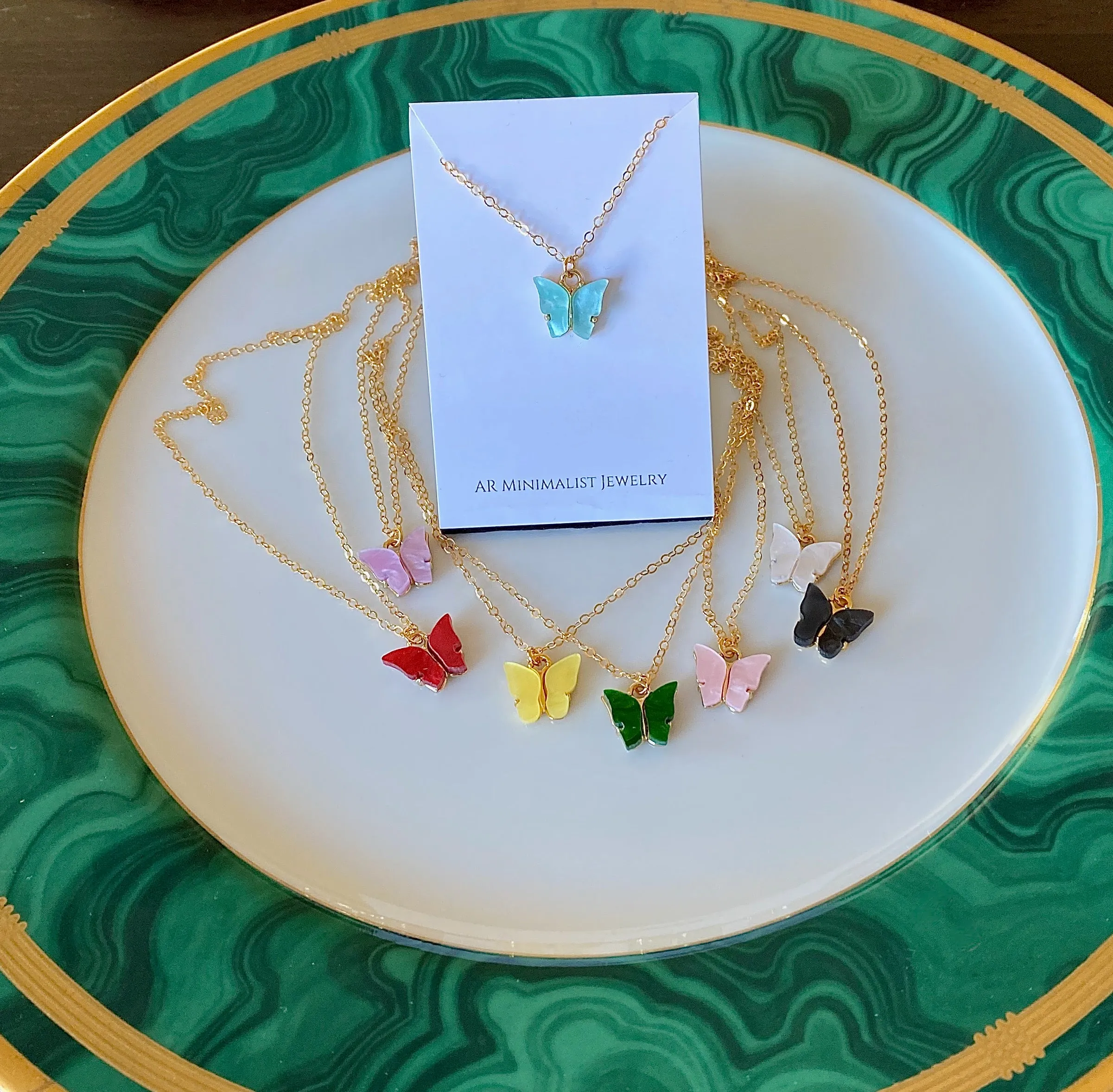 Emerald Green Pearl Butterfly 14K Gold Necklace