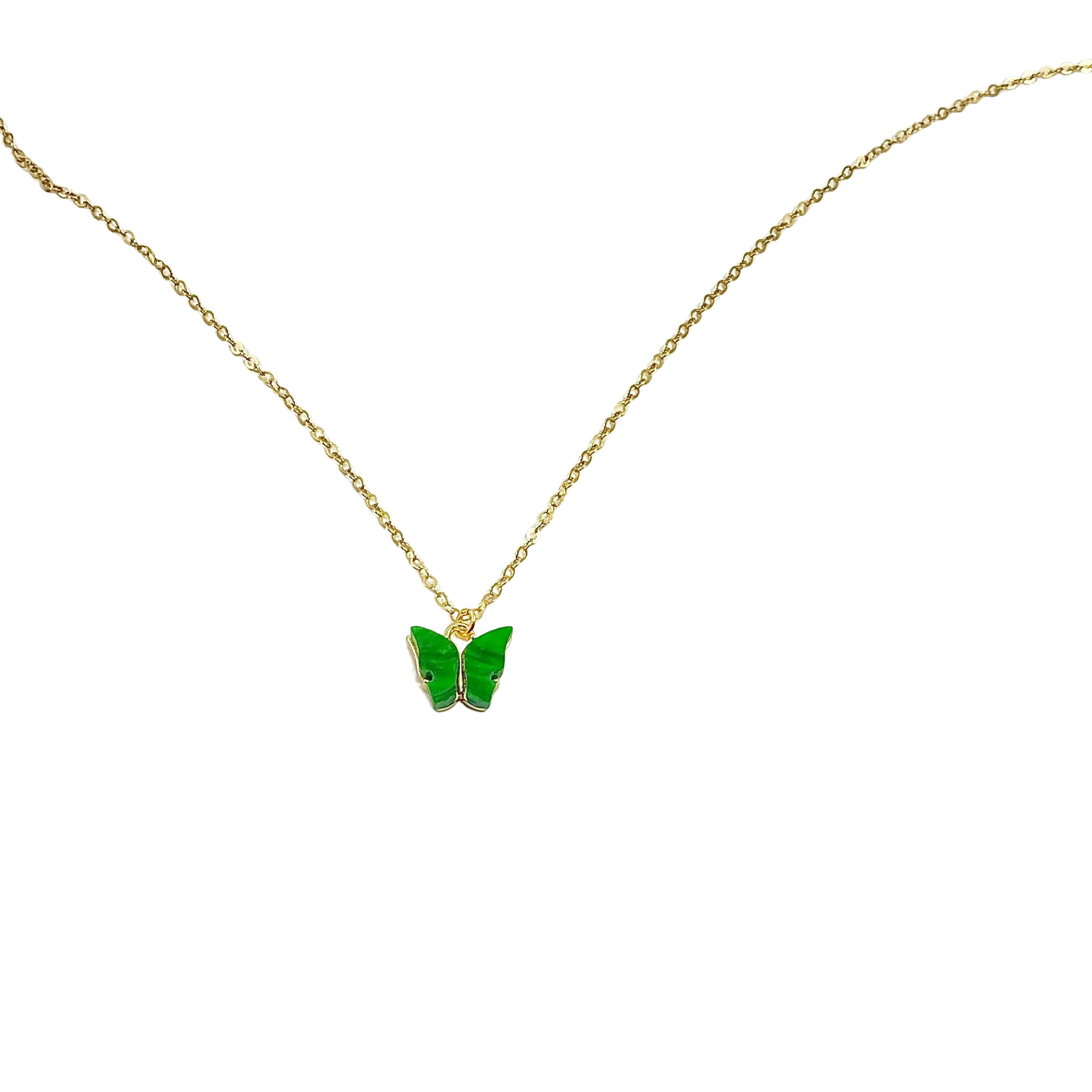 Emerald Green Pearl Butterfly 14K Gold Necklace
