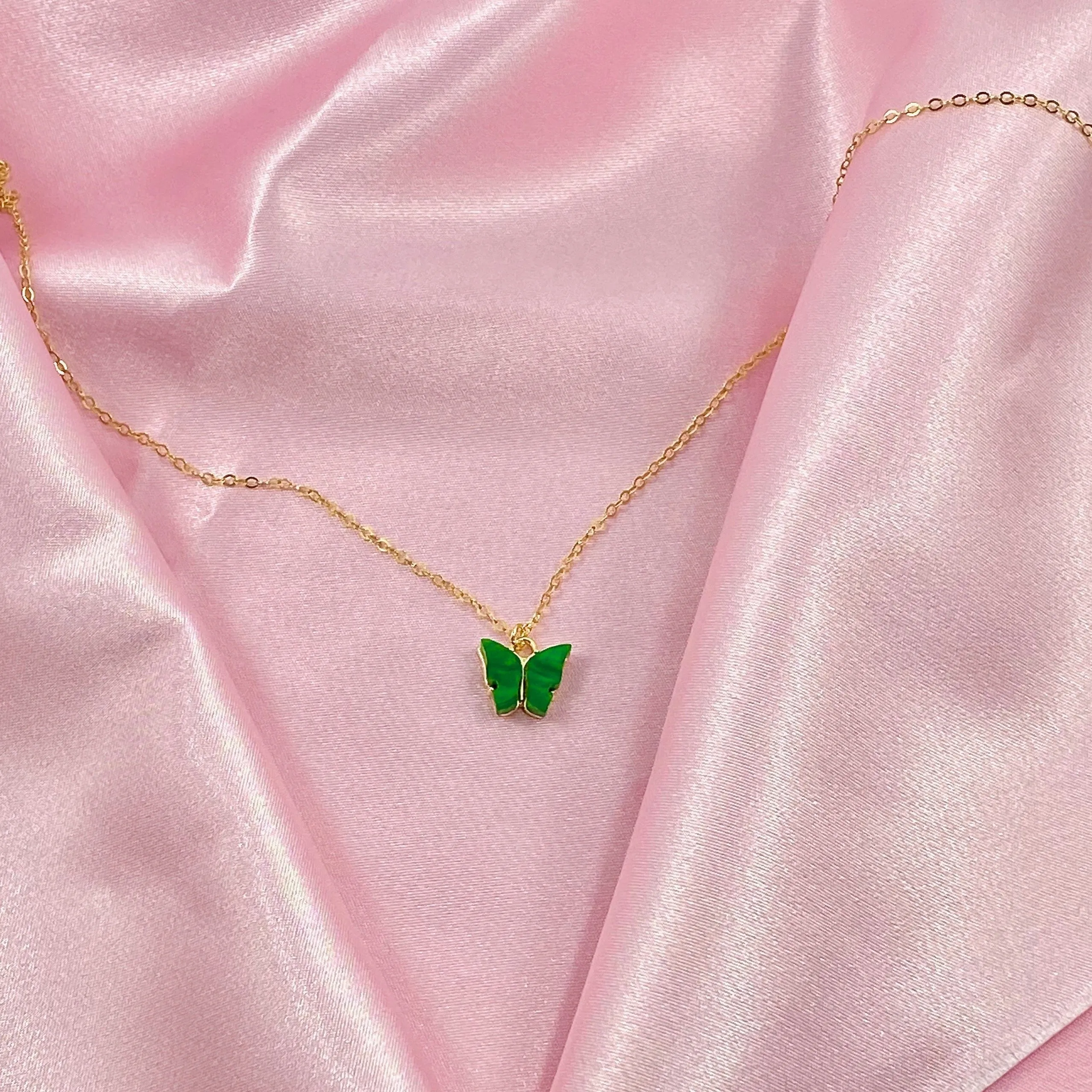 Emerald Green Pearl Butterfly 14K Gold Necklace