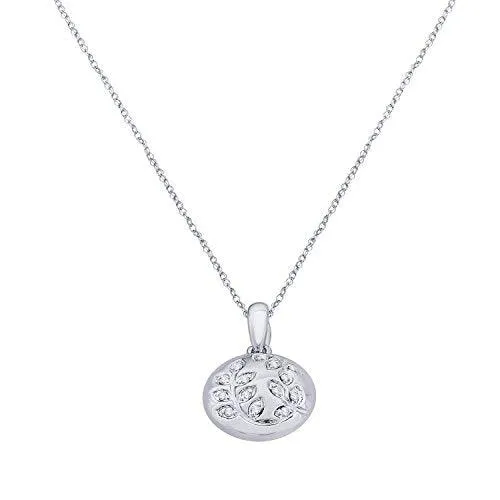 EternalDia IGI Certified Diamond Accent Vine Leaf Engraved Circle Disc Pendant Necklace in 10K White Gold (0.04 Ct)