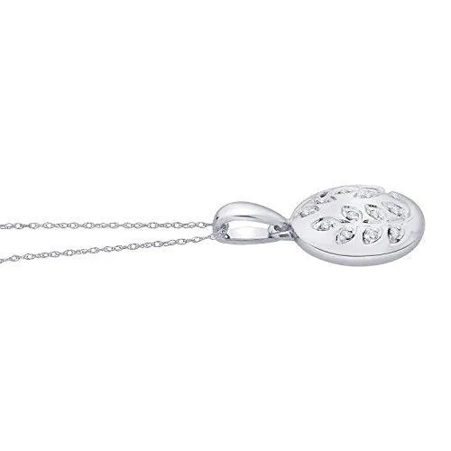 EternalDia IGI Certified Diamond Accent Vine Leaf Engraved Circle Disc Pendant Necklace in 10K White Gold (0.04 Ct)