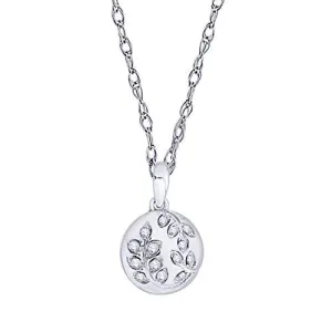 EternalDia IGI Certified Diamond Accent Vine Leaf Engraved Circle Disc Pendant Necklace in 10K White Gold (0.04 Ct)