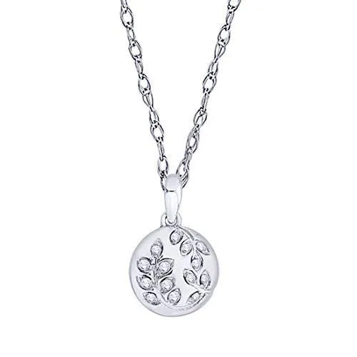 EternalDia IGI Certified Diamond Accent Vine Leaf Engraved Circle Disc Pendant Necklace in 10K White Gold (0.04 Ct)