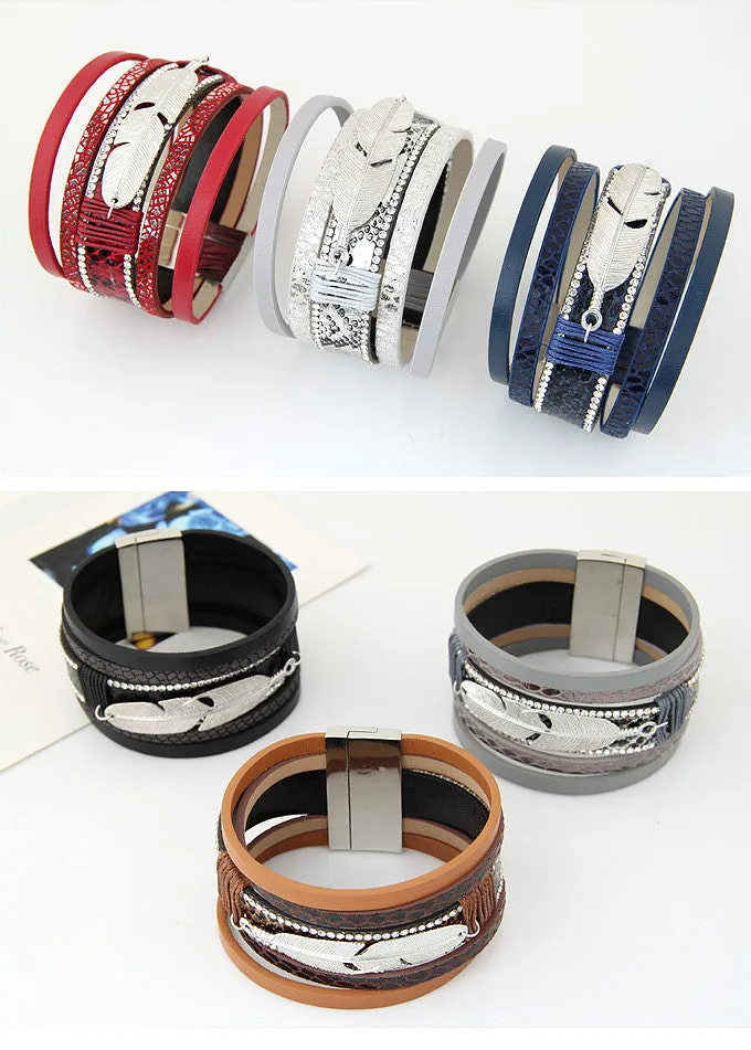 Feather Leaves Wide Magnetic Leather Bracelet - 5 Colors