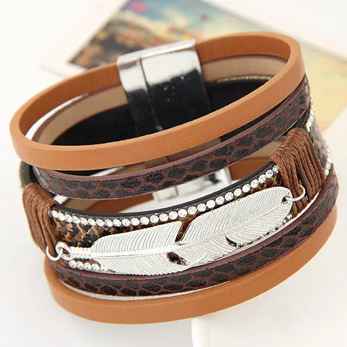 Feather Leaves Wide Magnetic Leather Bracelet - 5 Colors