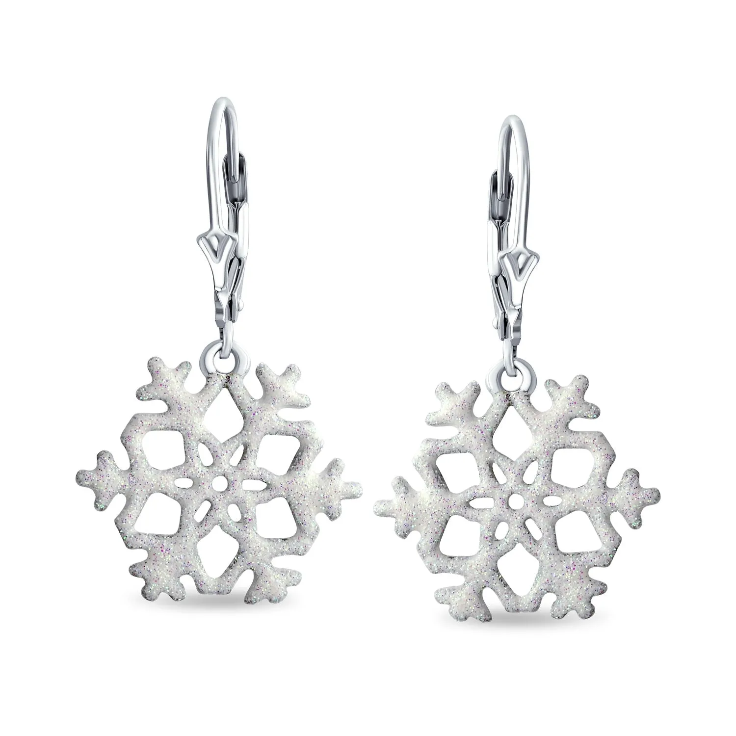 Frozen Winter Holiday White Glitter Snowflake Dangle Earrings Sterling Silver