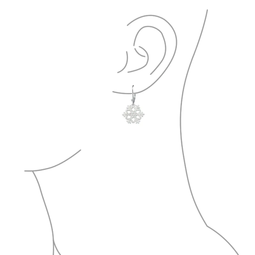 Frozen Winter Holiday White Glitter Snowflake Dangle Earrings Sterling Silver