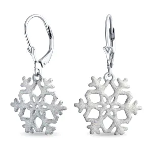 Frozen Winter Holiday White Glitter Snowflake Dangle Earrings Sterling Silver