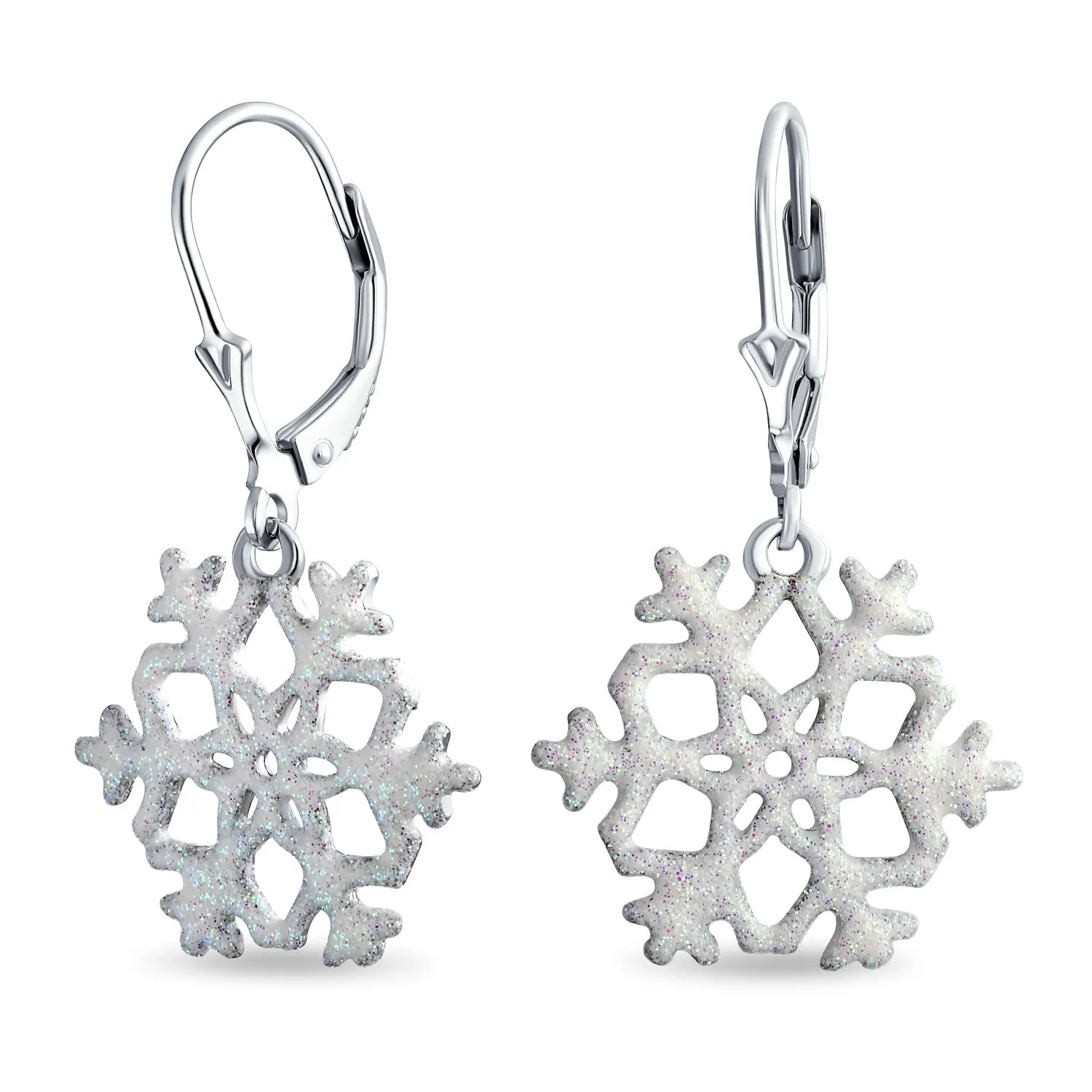Frozen Winter Holiday White Glitter Snowflake Dangle Earrings Sterling Silver