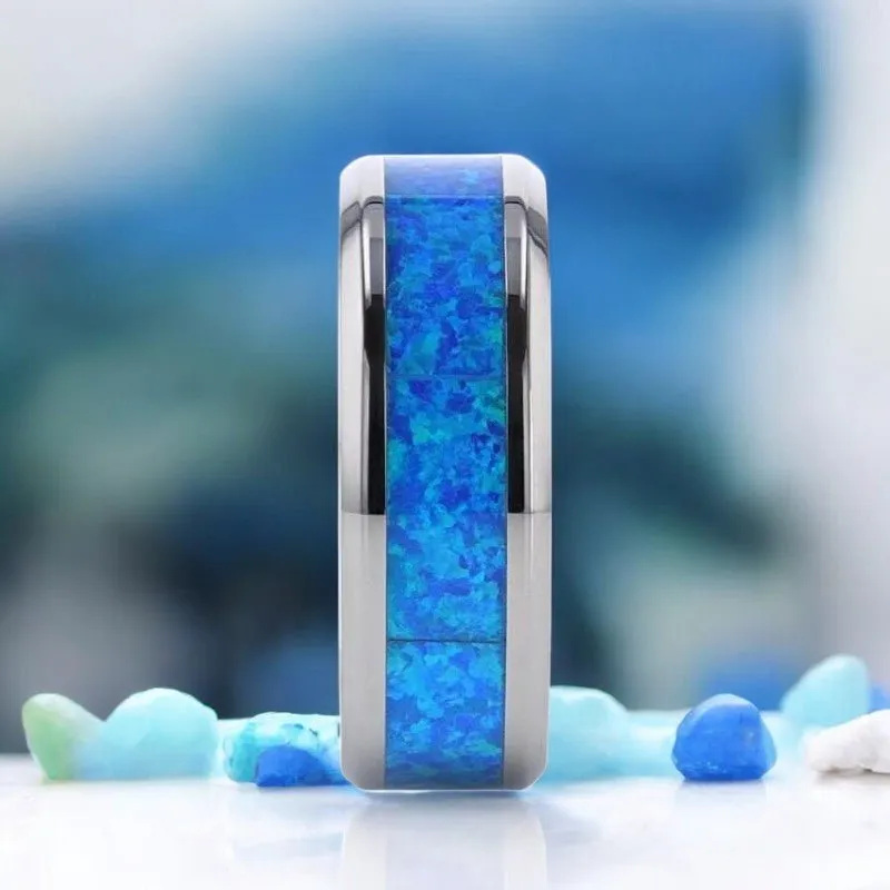 GALAXY | Silver Titanium Ring, Blue Green Opal Inlay, Beveled