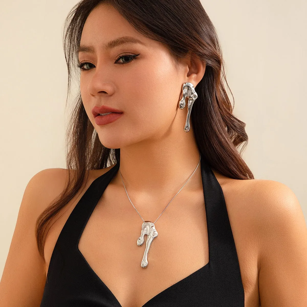 Geometric Abstract Liquid Lava Earrings Necklace Set