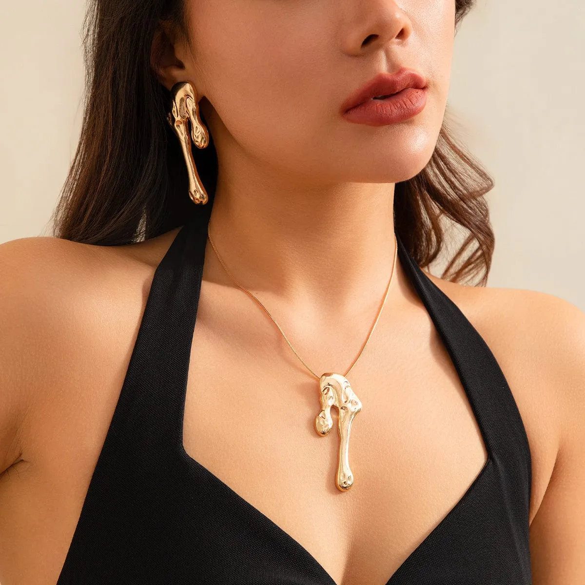 Geometric Abstract Liquid Lava Earrings Necklace Set