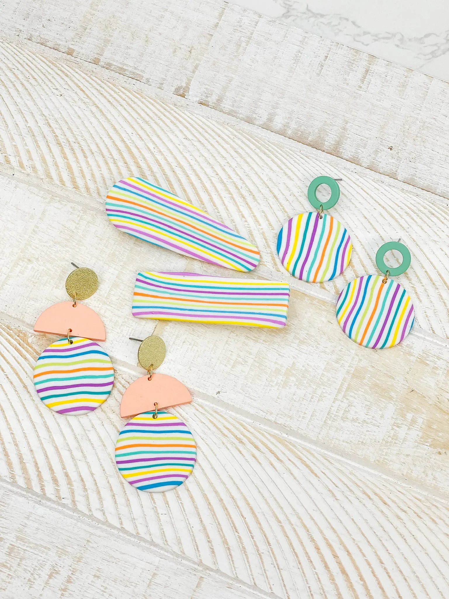 Geometric Circle Clay Dangle Earrings - Rainbow Stripe & Peach