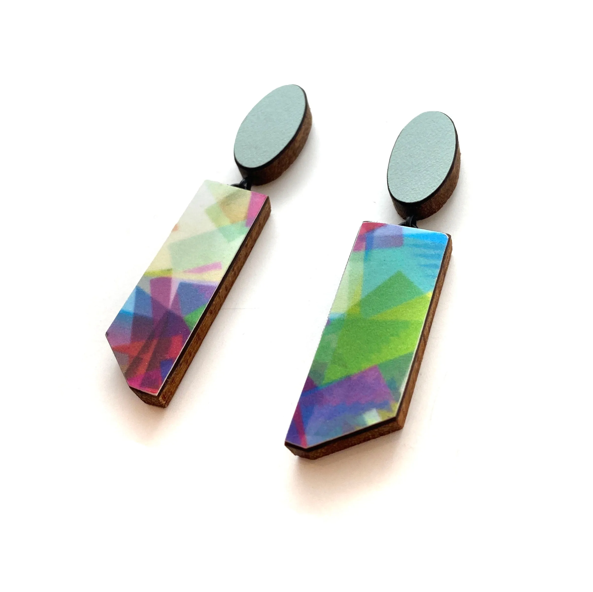 Geometric Teal and Rainbow Earrings