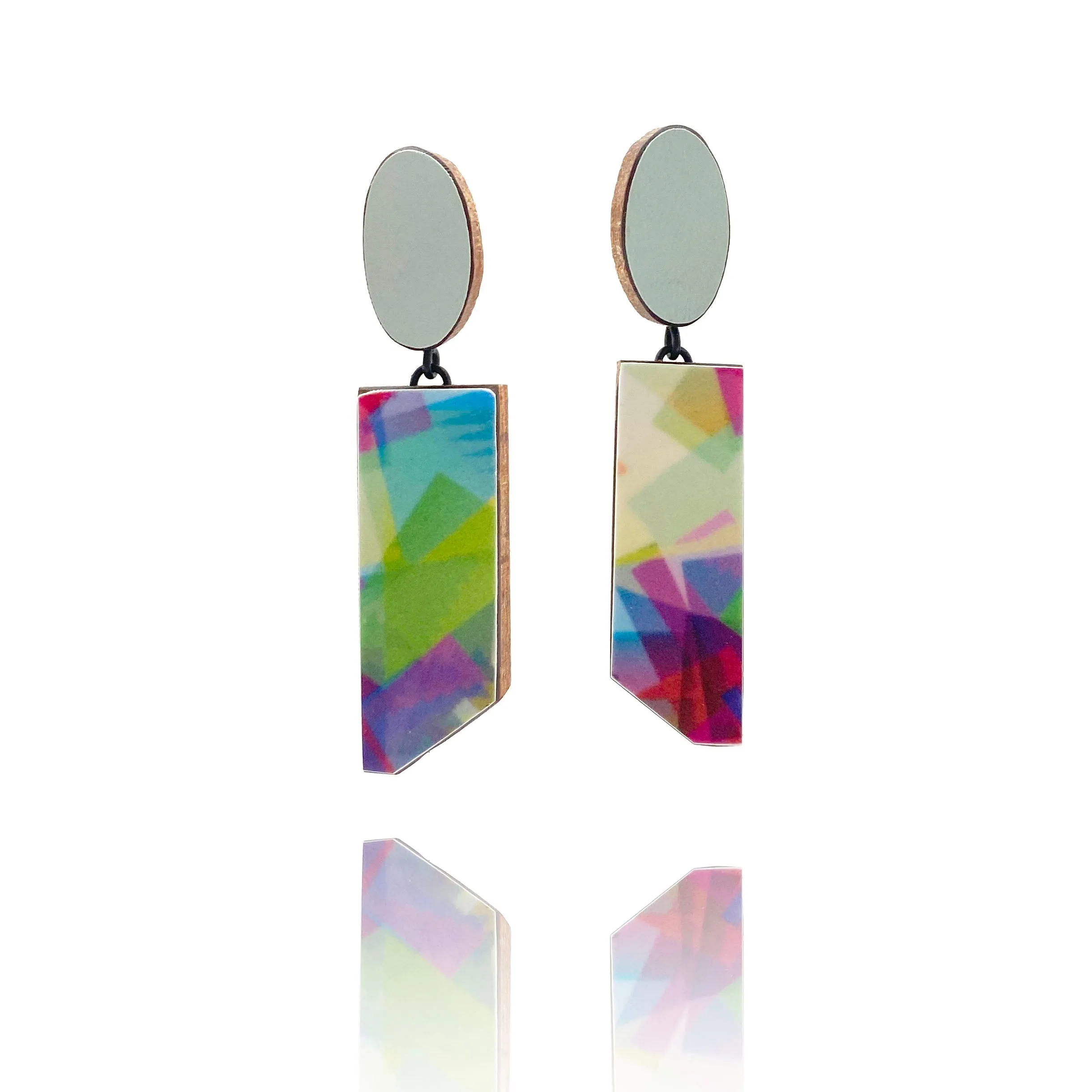 Geometric Teal and Rainbow Earrings
