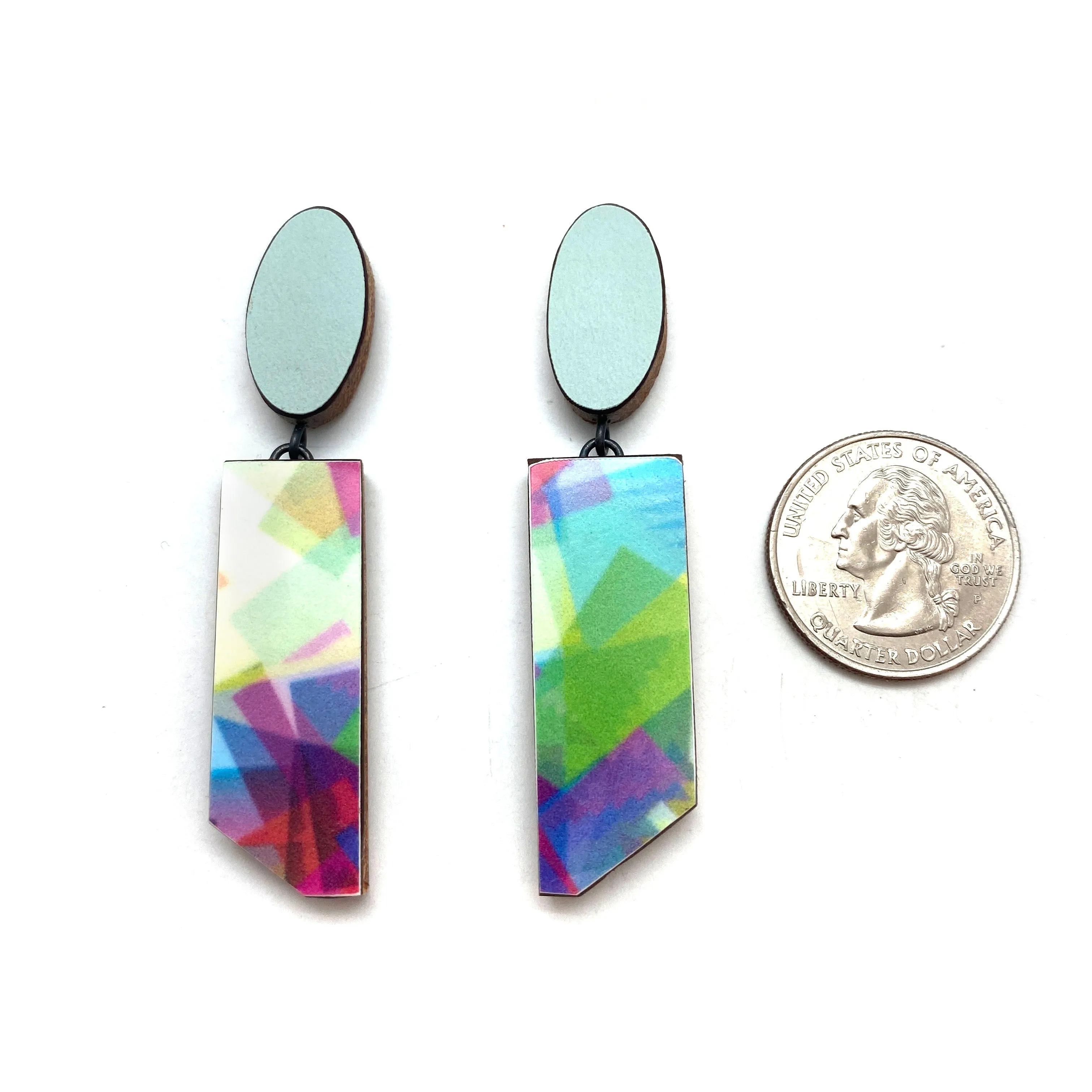 Geometric Teal and Rainbow Earrings