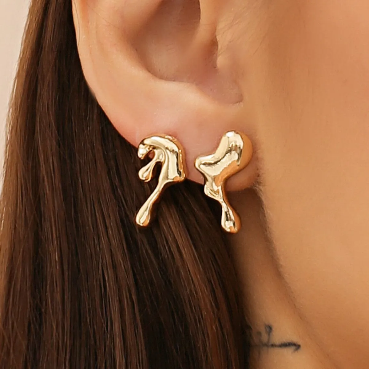 Geometric Tiny Gold Silver Tone Lava Earrings