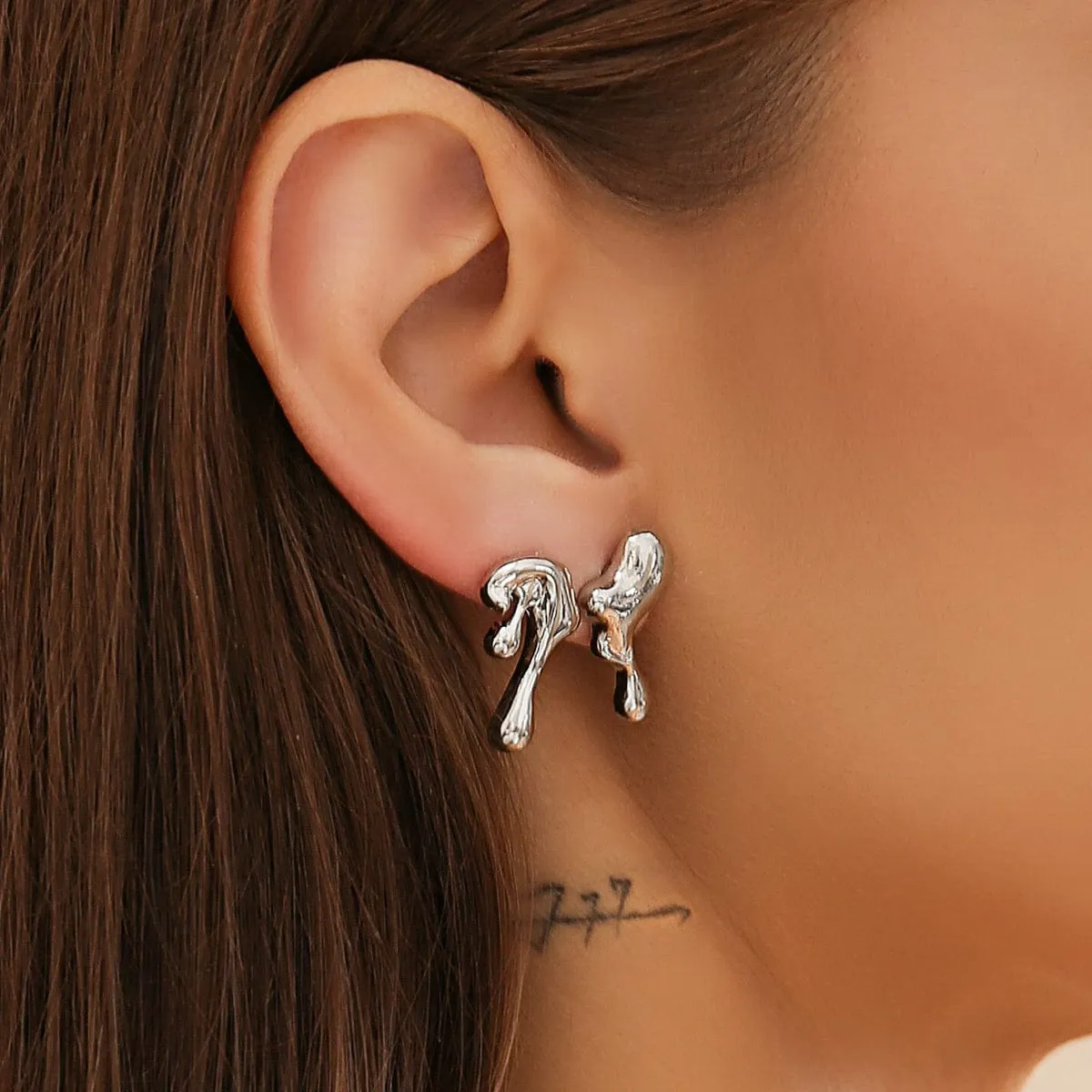 Geometric Tiny Gold Silver Tone Lava Earrings