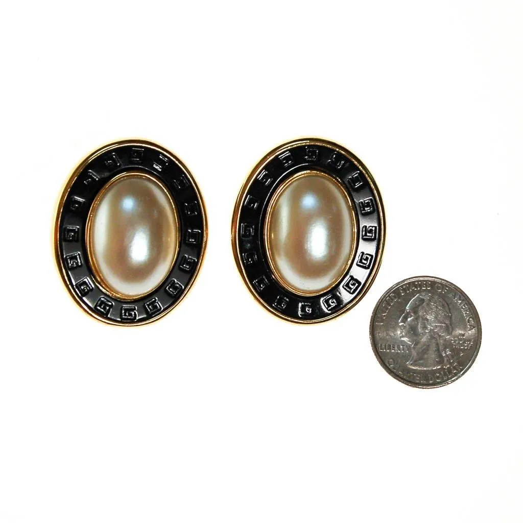 Givenchy Couture Black, Gold, and Faux Pearl Oval Statement Earrings