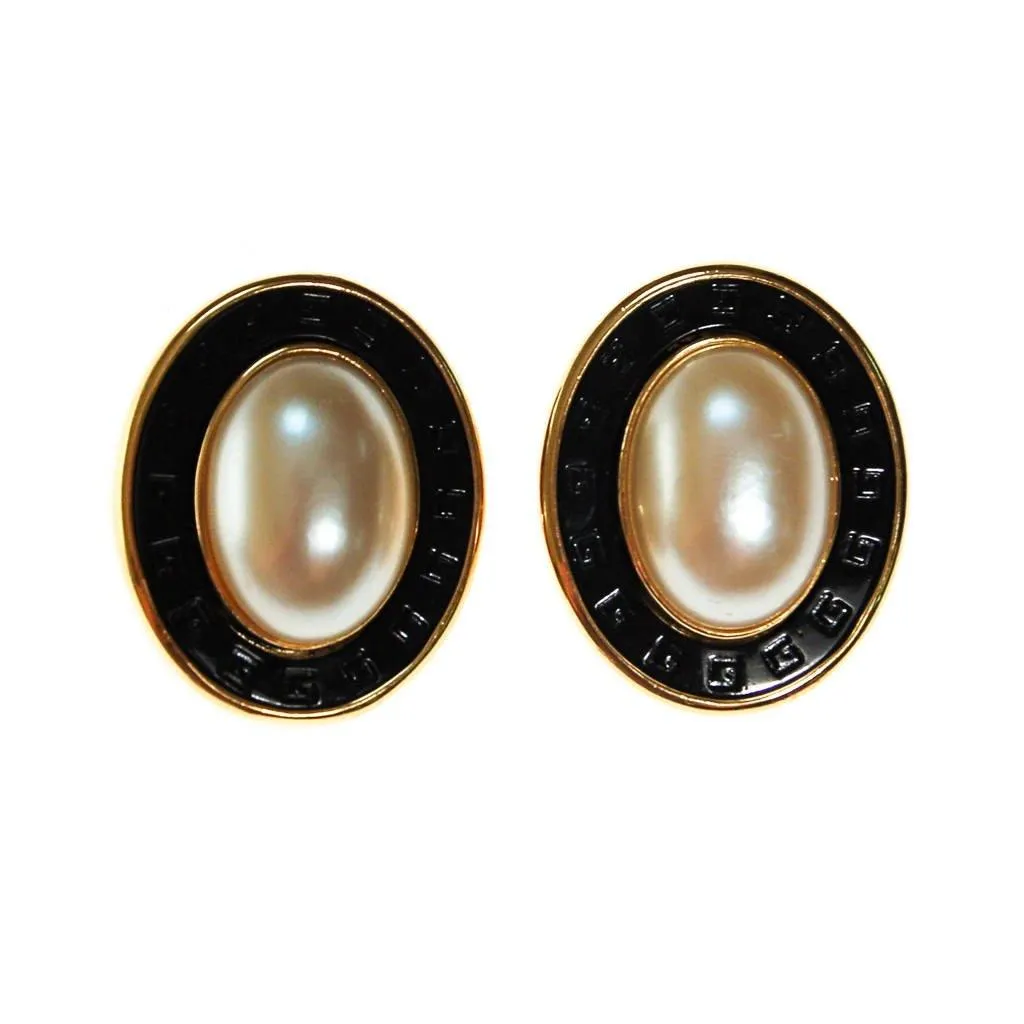 Givenchy Couture Black, Gold, and Faux Pearl Oval Statement Earrings