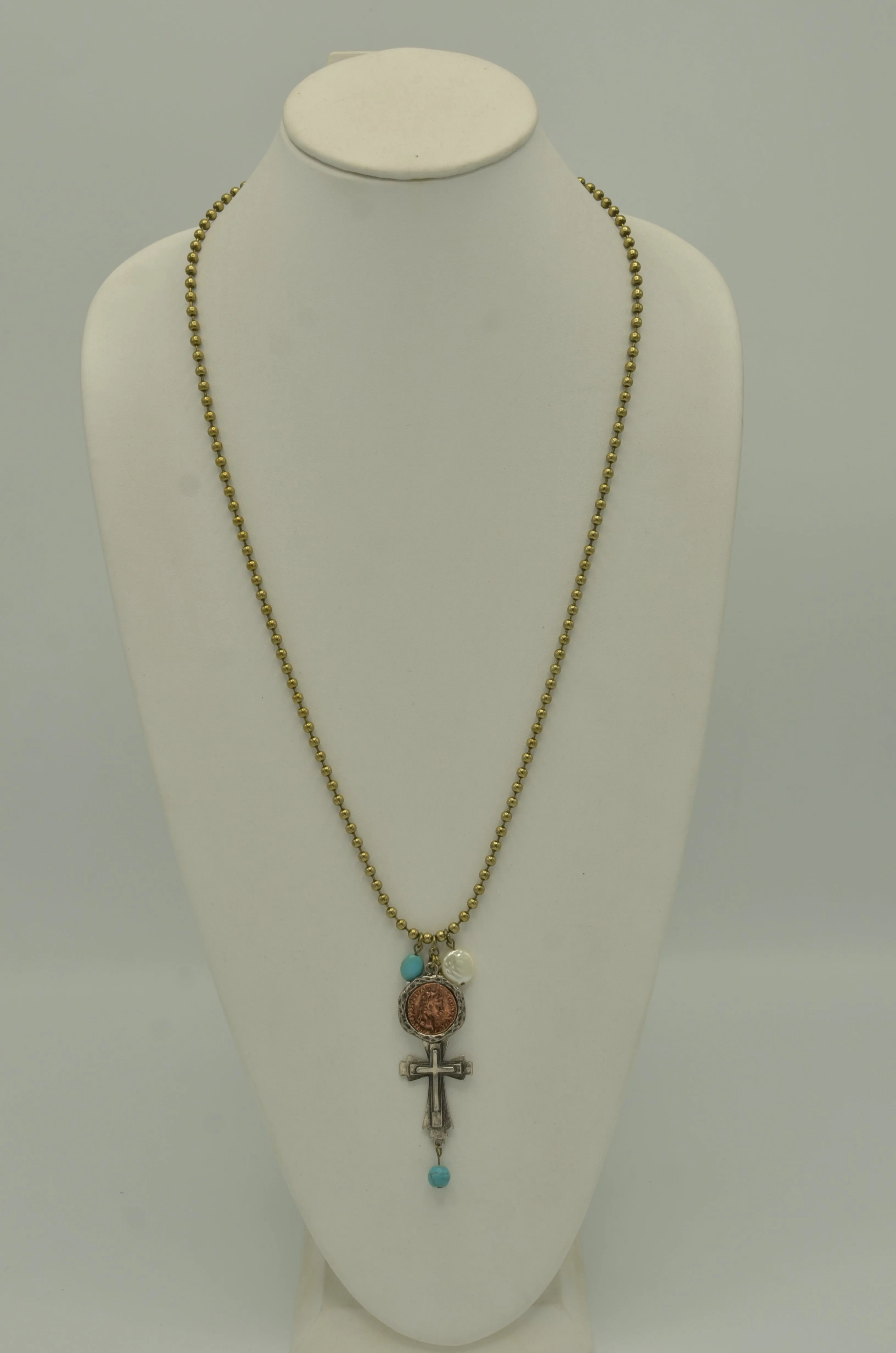 GOLD OXIDE TURQUOISE CROSS AND CHARM PENDANT NECKLACE #SC38193 (PA4)